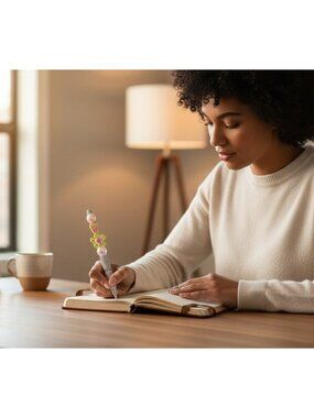 Beaded Decorative Pen With Rhinestone Handle & Floral Accents - Stylish Writing